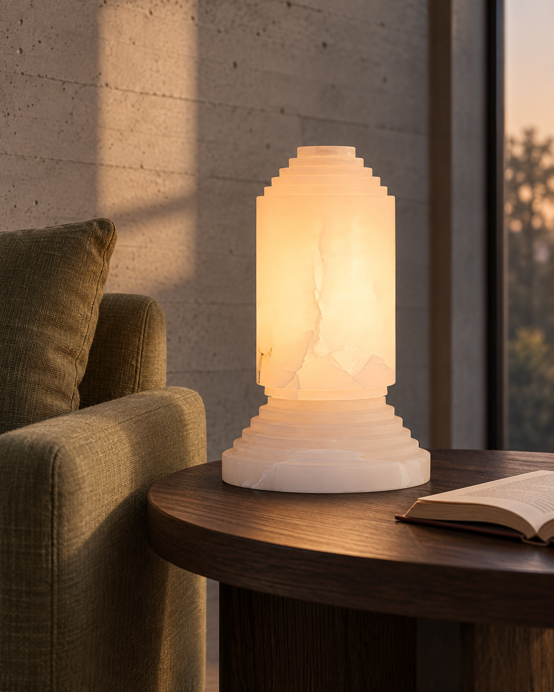 Lumorin Sculpted Alabaster Table Lamp - Soft White — AI-generated illustrative interior setting; refer to original product photos for details