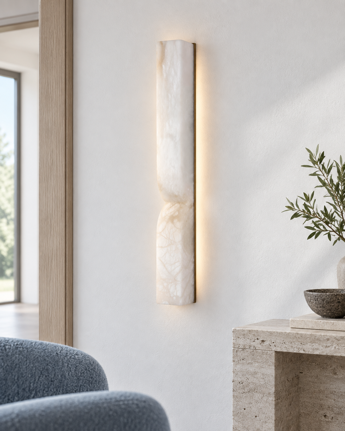 Vera LED Alabaster Wall Light Large - Soft White — AI-generated illustrative interior; refer to original product photos and specifications