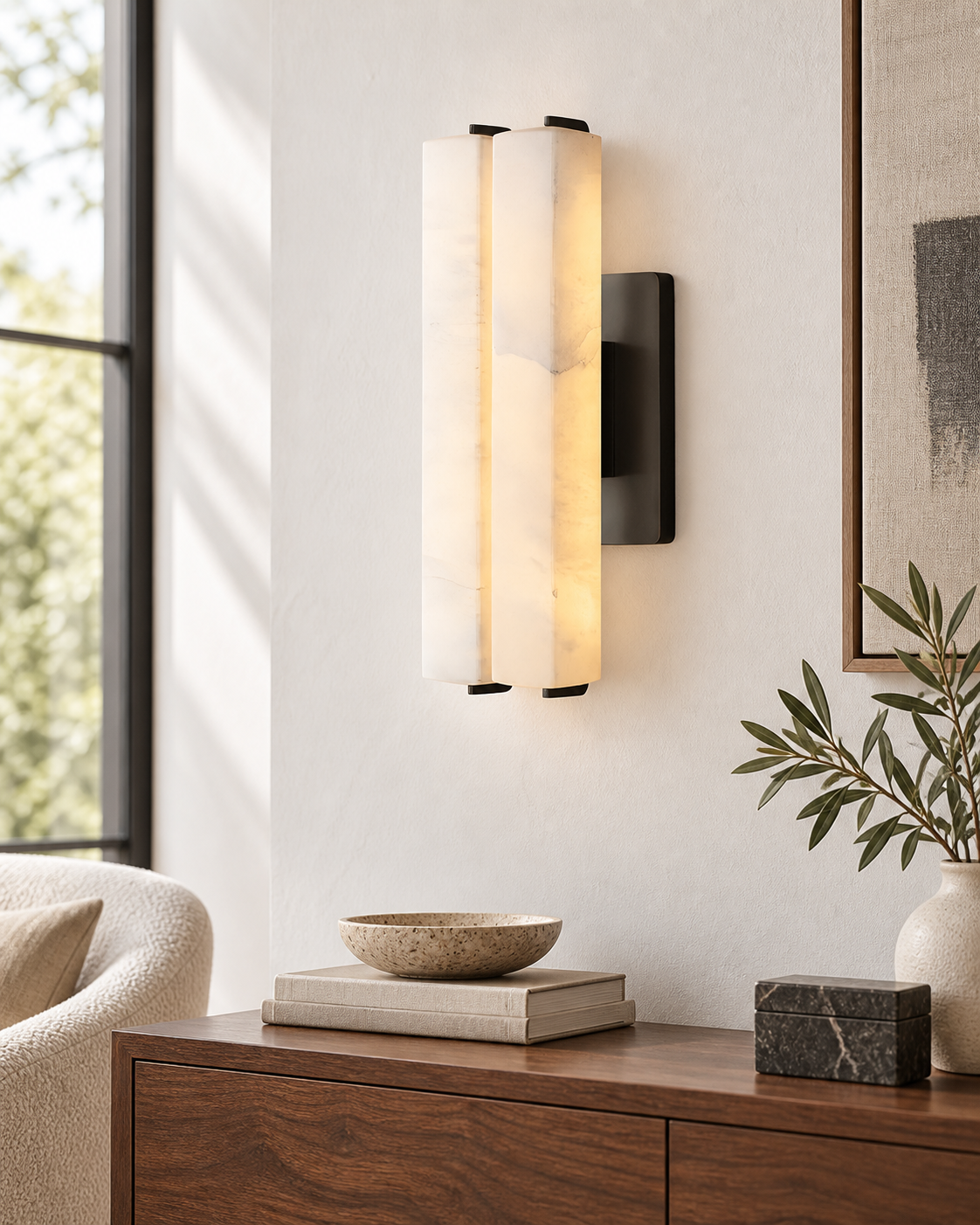 Selvara LED Small Alabaster Double Wall Light - Matt Black — AI-generated illustrative interior; refer to original product photos and specifications