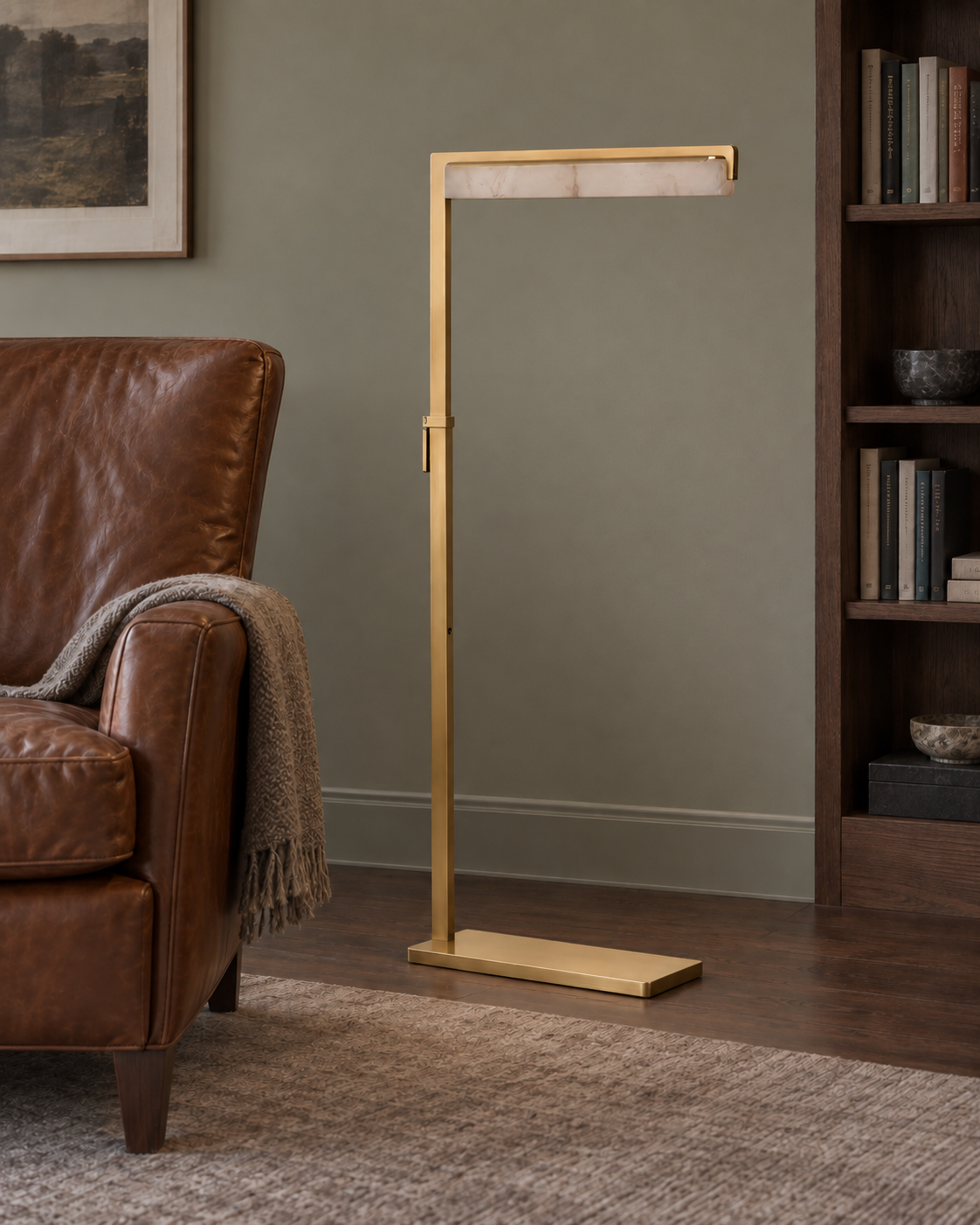 Linea brushed brass floor lamp — AI-generated illustrative study — light off; lighting appearance is illustrative