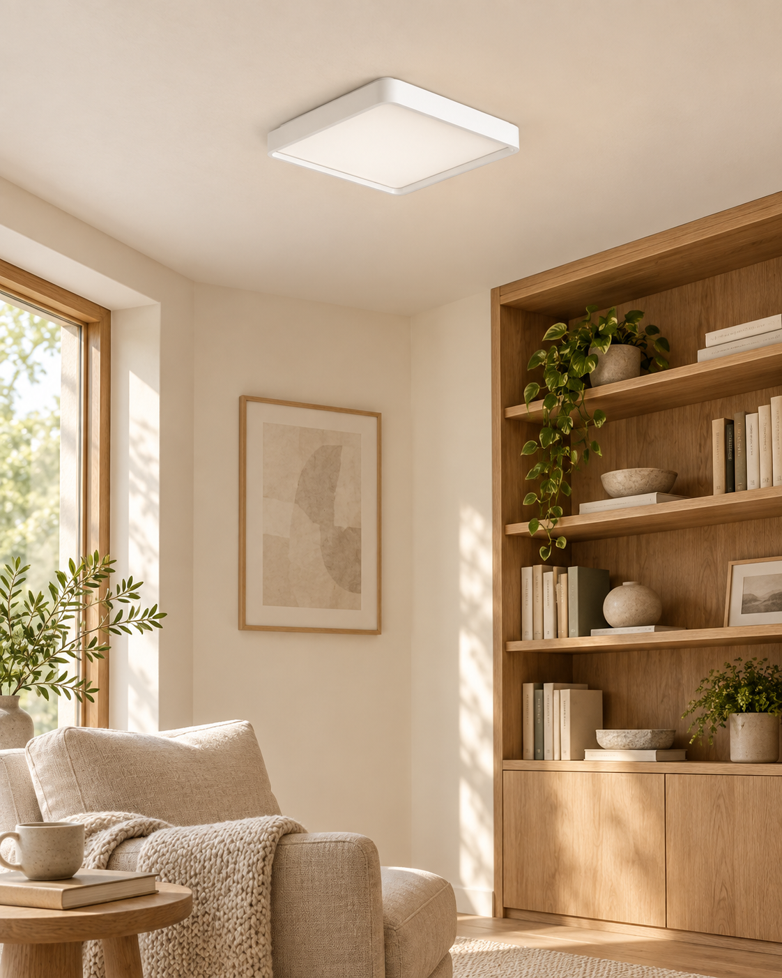 MOPOCE Luma Square Ceiling Light — AI-generated reading-room illustration