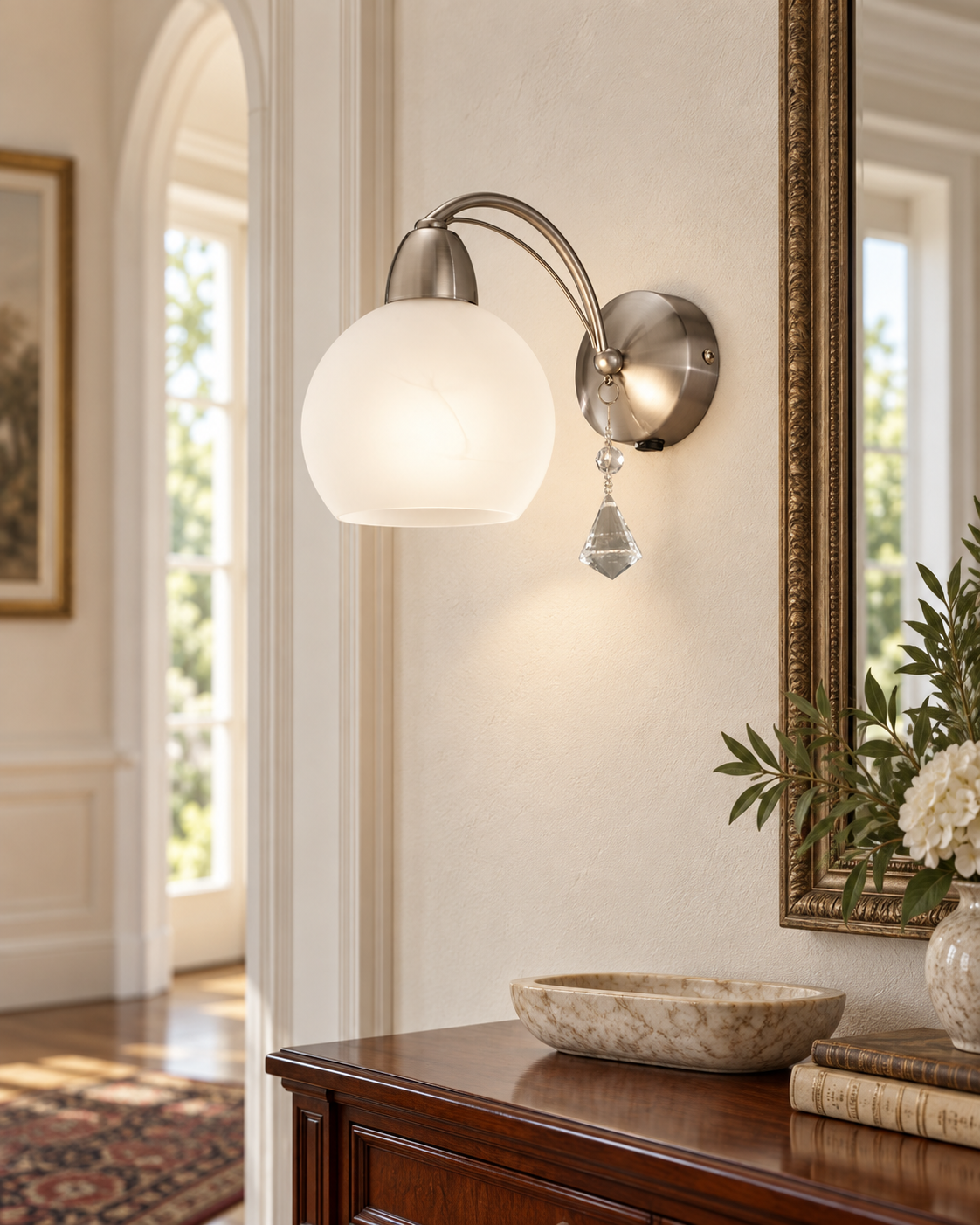 Thea Satin Nickel Crystal Glass Wall Light — AI-generated room illustration