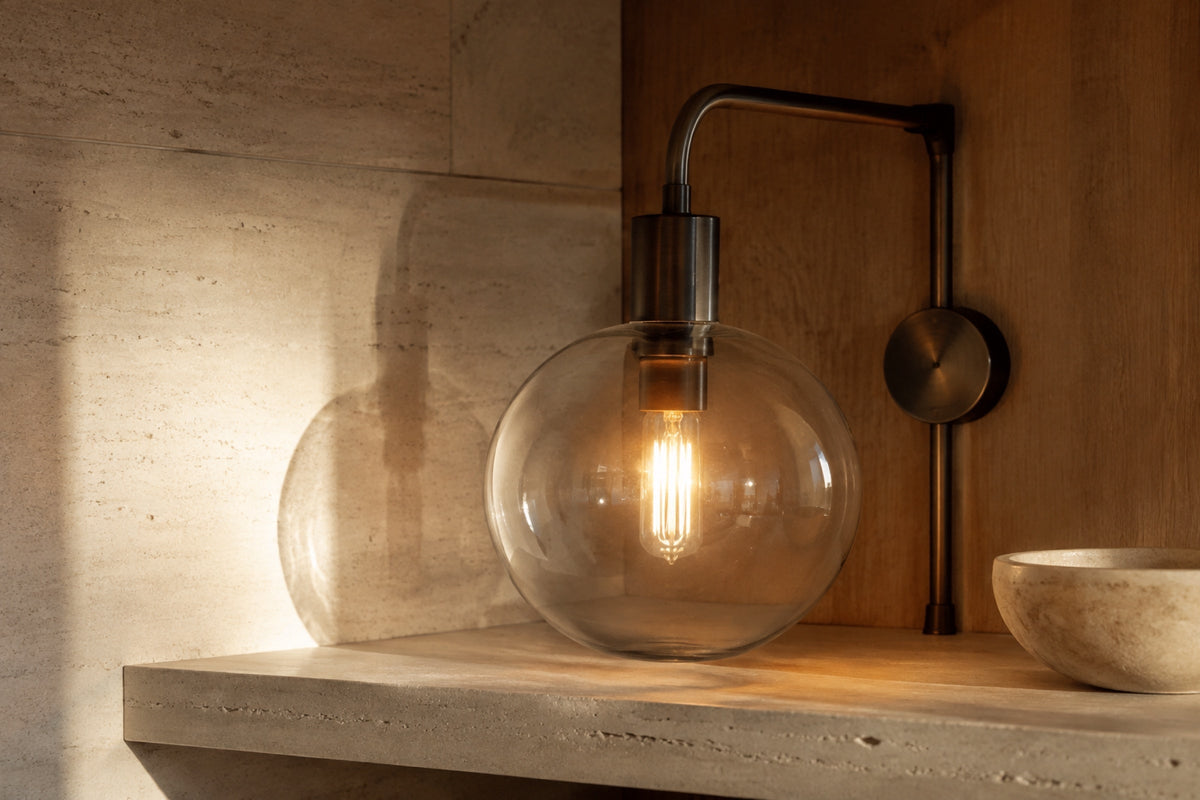 Glass, stone and metal surfaces responding to warm light
