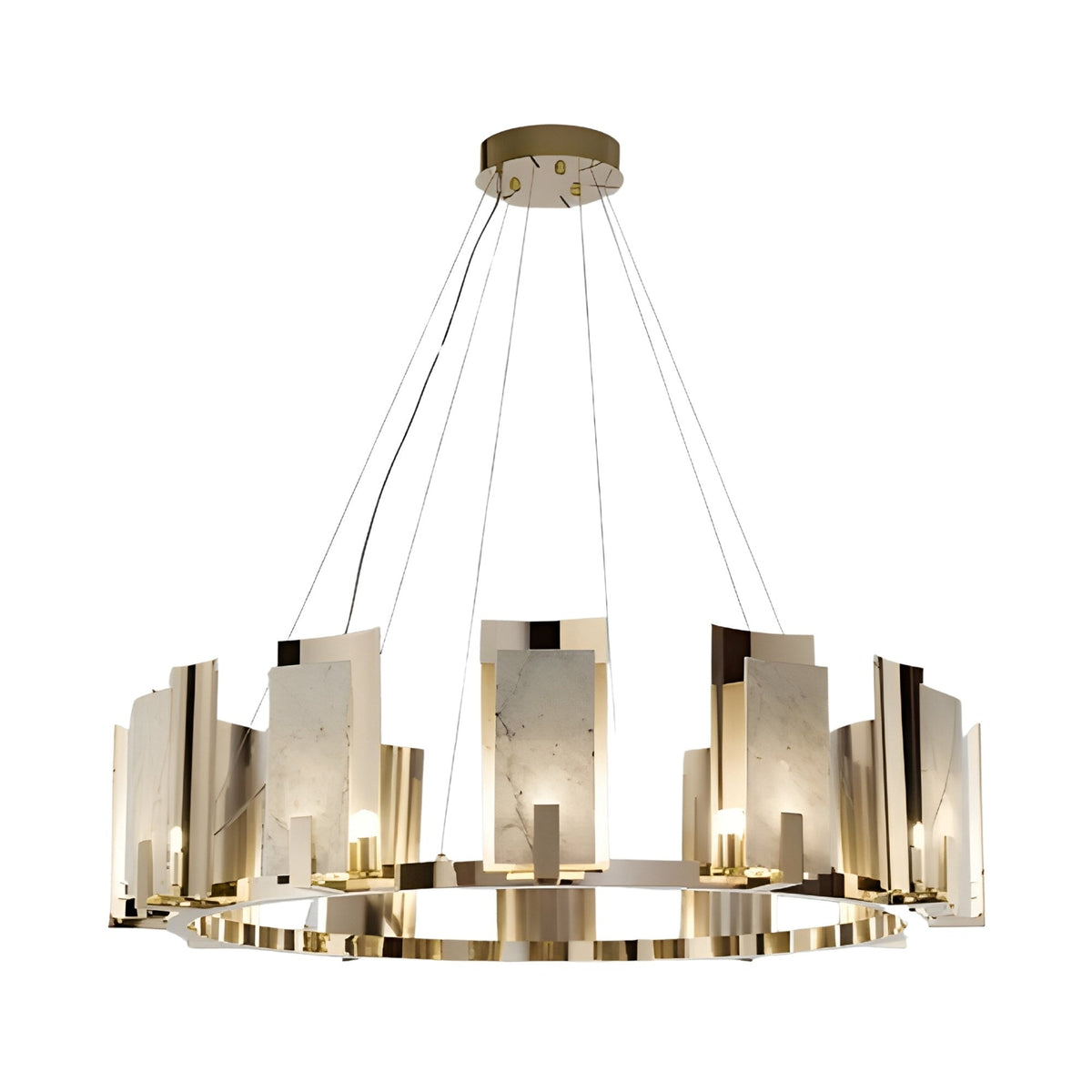 Aurevon 10 Light Circular Alabaster Chandelier - Soft White & Copper