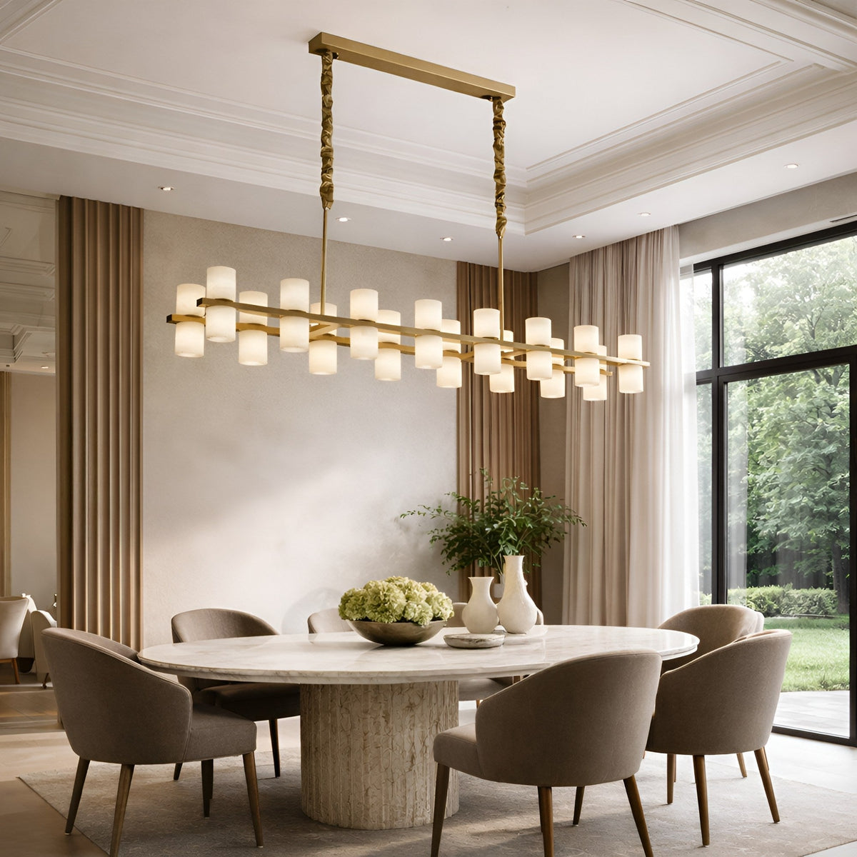 Valenro 24 Light Cylindrical Alabaster Linear Chandelier - Soft White & Brass