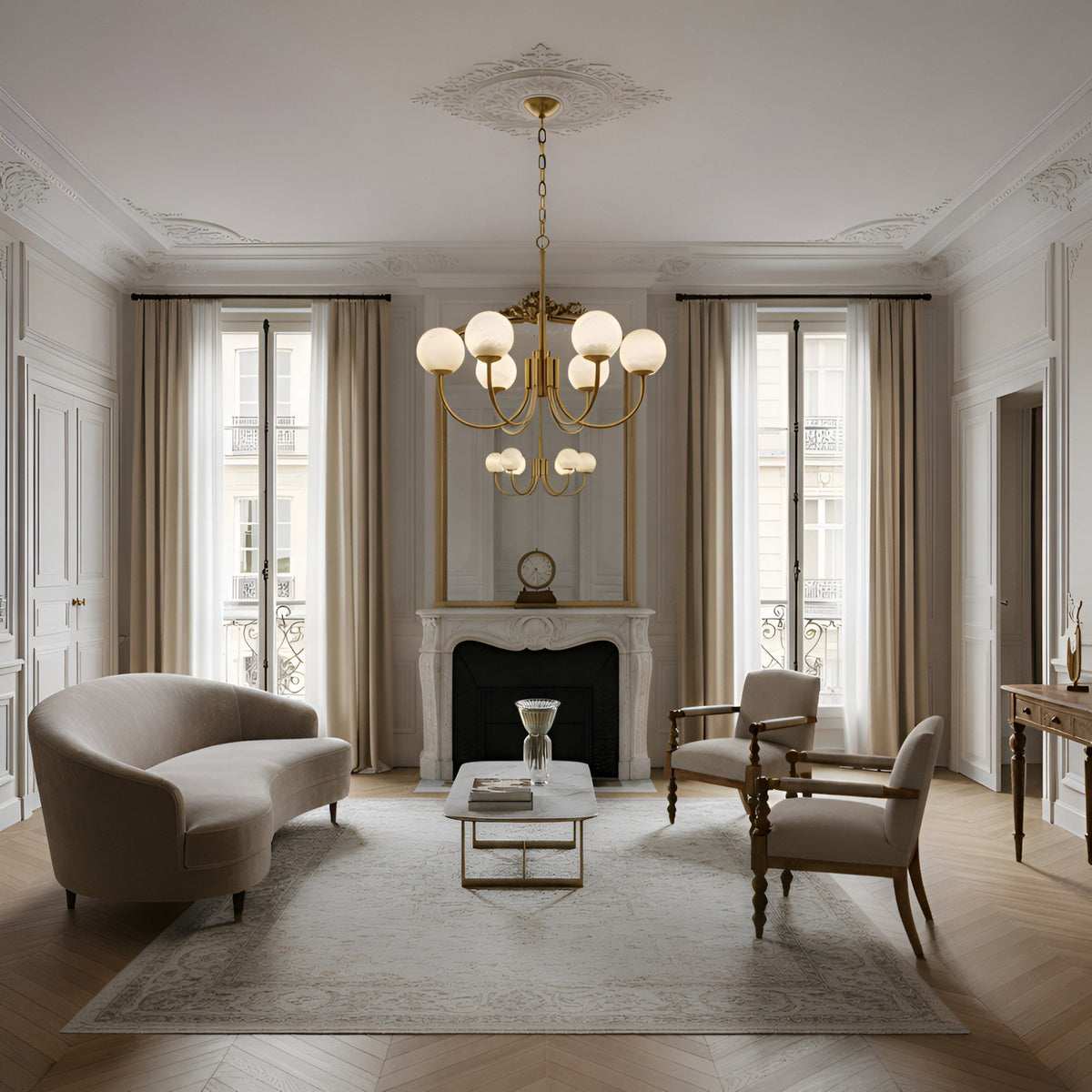 Aurelio 6 Light Alabaster Globe Chandelier - Brushed Brass