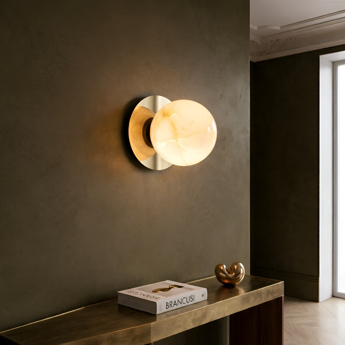 Noctyra 1 Light Alabaster Wall Light - Brushed Brass