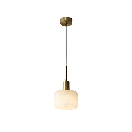 Nerix 1 Light Small Drum Alabaster Pendant - Soft White & Brushed Brass