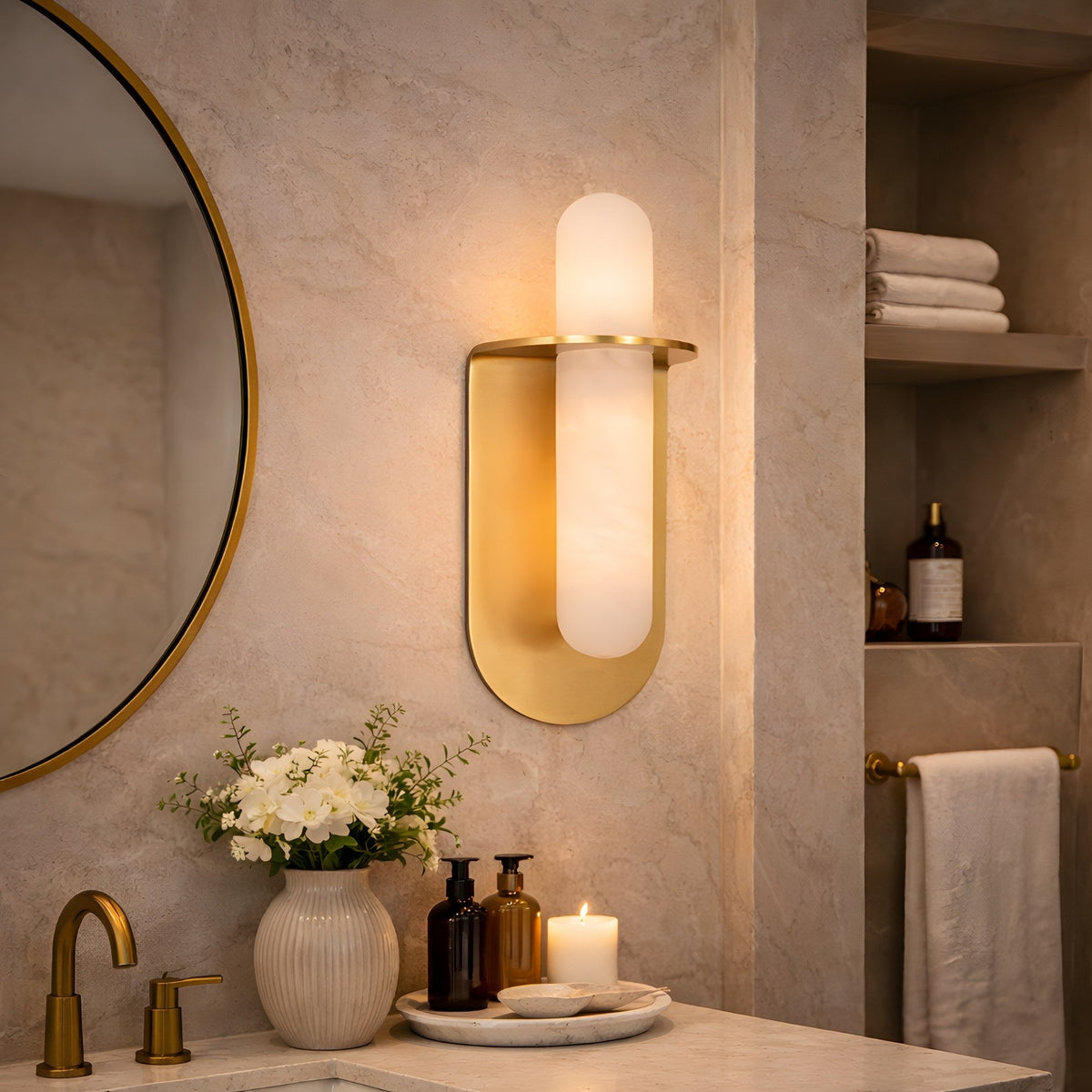 Luneth LED Large Alabaster Wall Light - Brushed Brass