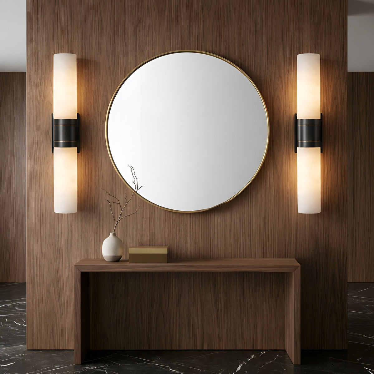 Velaris 2 Light Double Alabaster Wall Light - Soft White & Black
