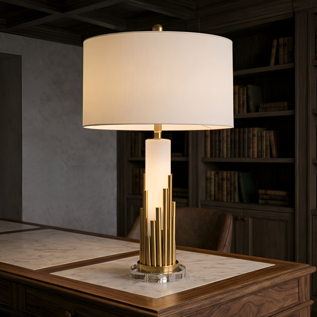 Celora Alabaster Table Lamp with Brass Spires - Soft White Shade