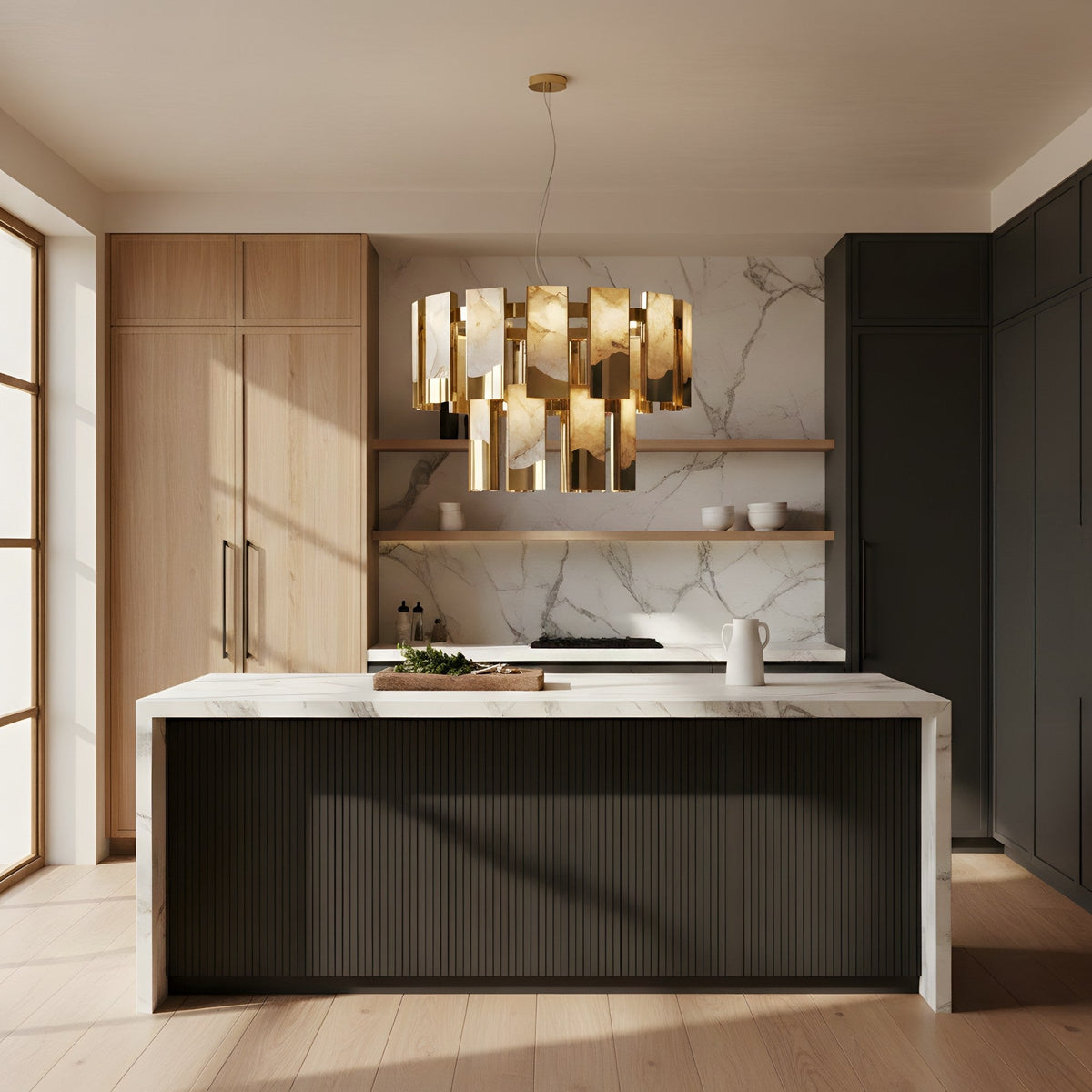 Caelith 20 Light 2 Tier Panel Alabaster Chandelier - Brushed Brass