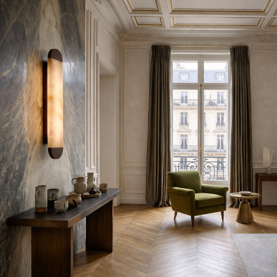 Orivelle LED Medium Vertical Alabaster Wall Light - Brushed Bronze