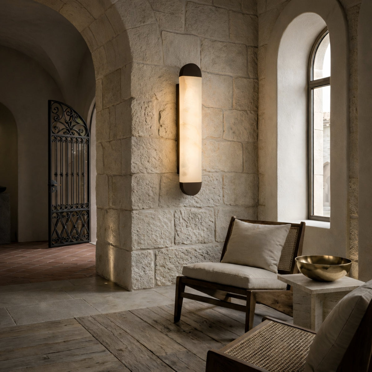 Orivelle Small Vertical Alabaster LED Wall Light - Brushed Bronze