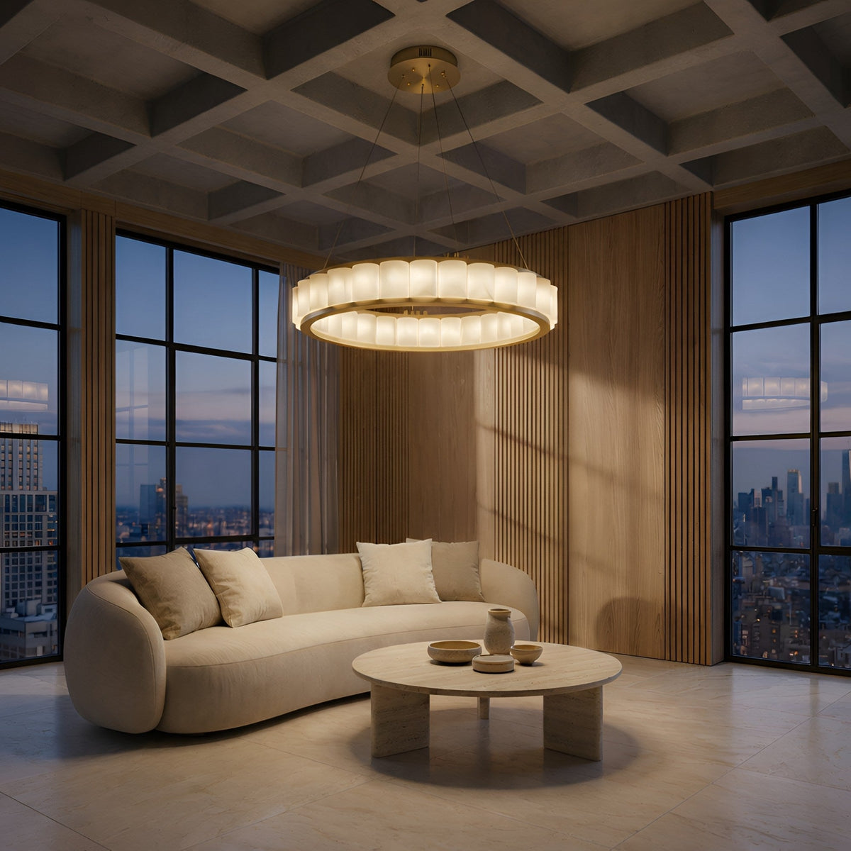 Orion 27 Light Ring Alabaster Chandelier - Brushed Brass