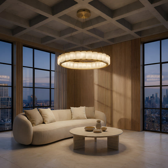 Orion 36 Light Ring Alabaster Chandelier - Brushed Brass