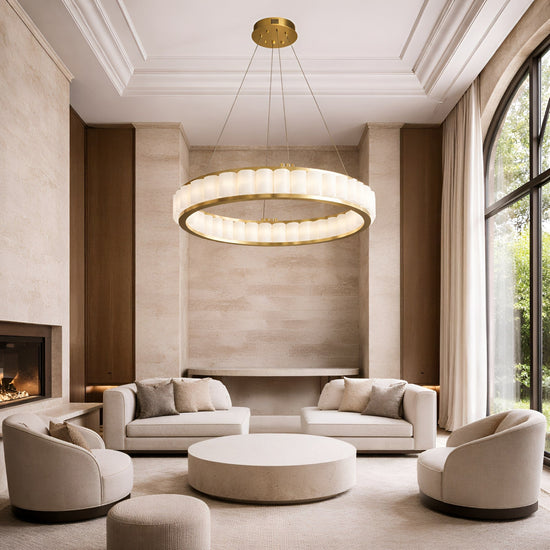 Orion 36 Light Ring Alabaster Chandelier - Brushed Brass