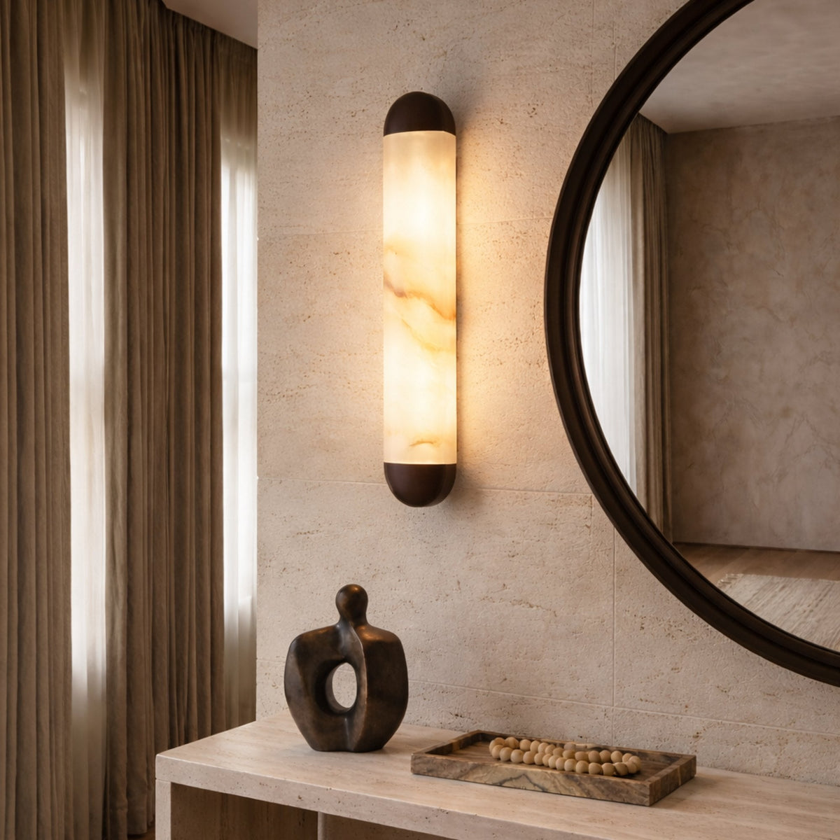 Orivelle Small Vertical Alabaster LED Wall Light - Brushed Bronze