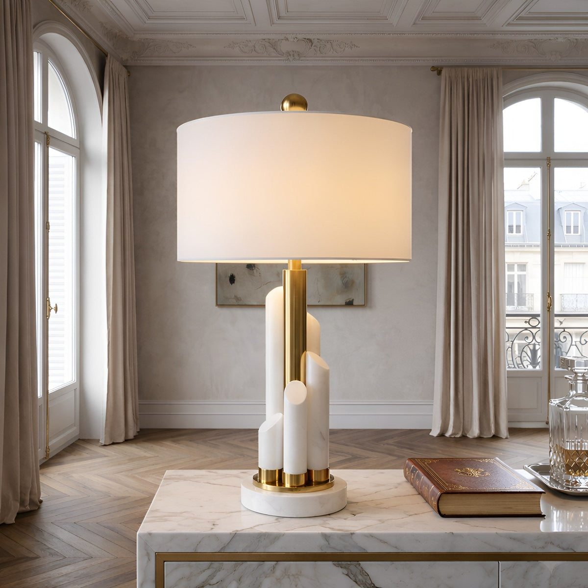 Solaryn 1 Light Offset Alabaster Table Lamp - Brass & Soft White