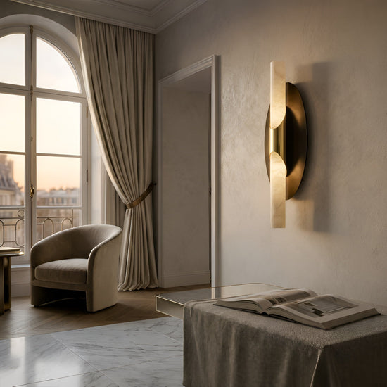 Virexa LED Oval Backplate Alabaster Wall Light - Black & Brushed Brass