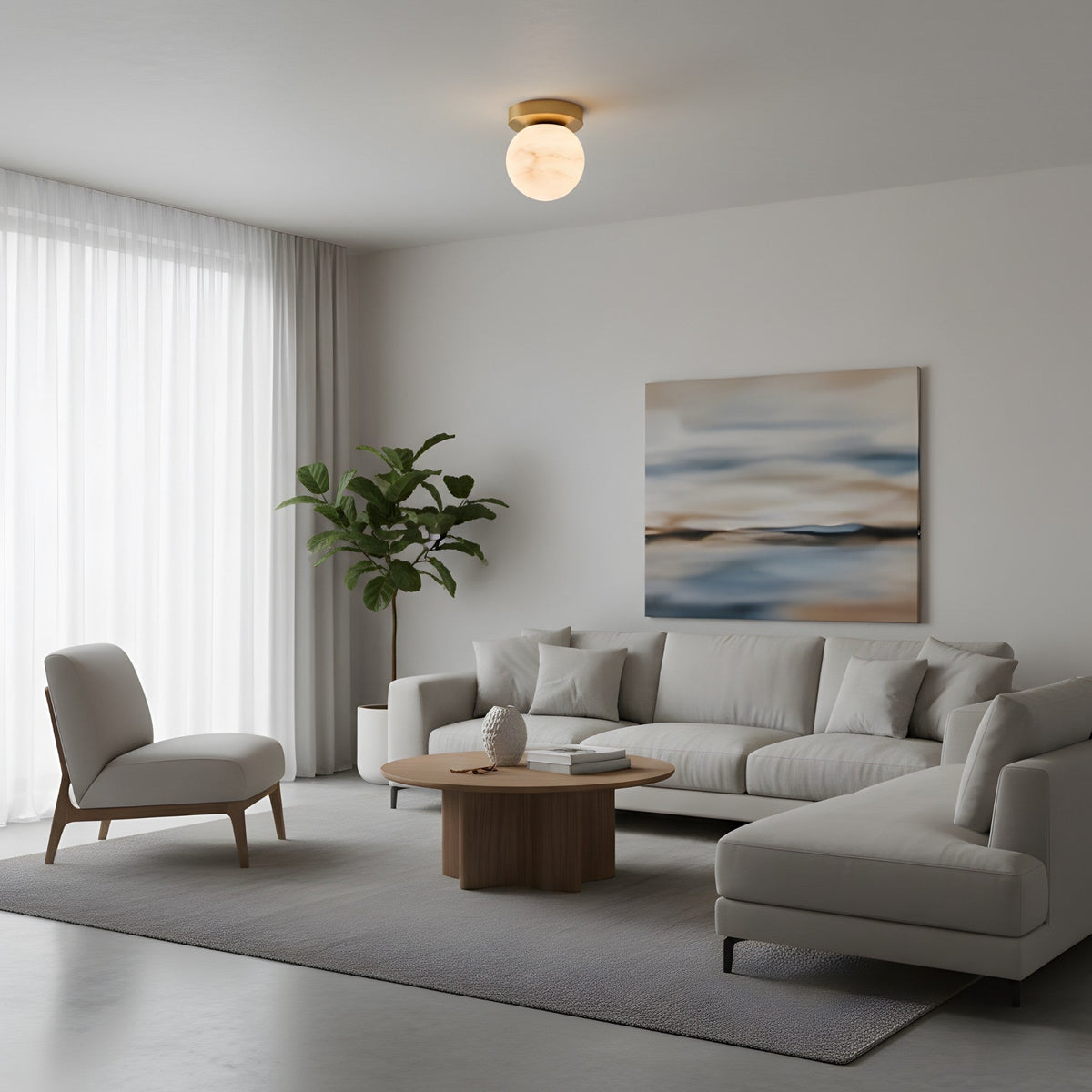 Bravora 1 Light Alabaster Globe Semi-Flush Ceiling Light - Brushed Brass