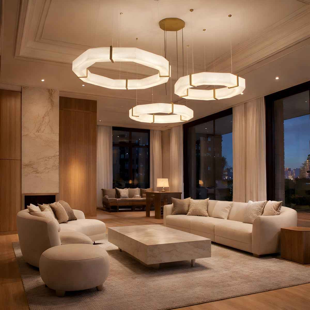 Vireon LED Triple Ring Alabaster Chandelier - Bronze