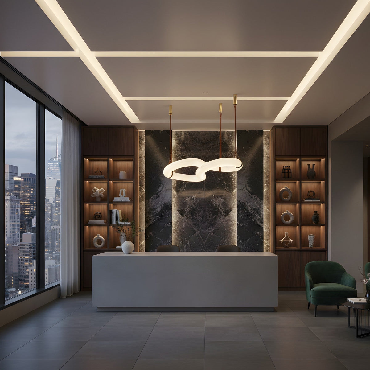 Serava LED Medium Alabaster Loop Pendant Light - Brown Leather & Soft White