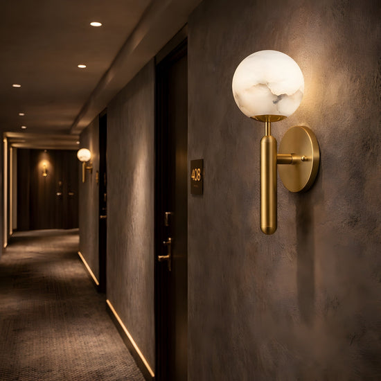 Luceris 1 Light Sphere Alabaster Wall Light - Brushed Brass