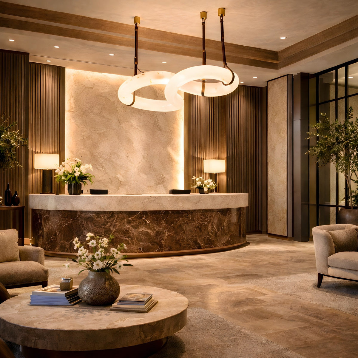 Serava LED Medium Alabaster Loop Pendant Light - Brown Leather & Soft White