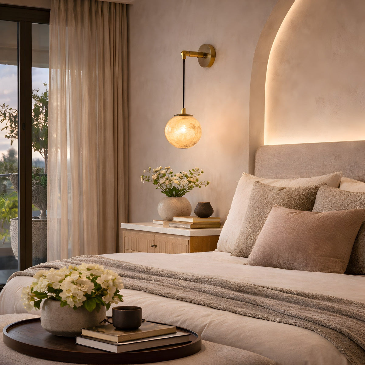 Drisa Hanging Globe Alabaster Wall Light - Brushed Brass