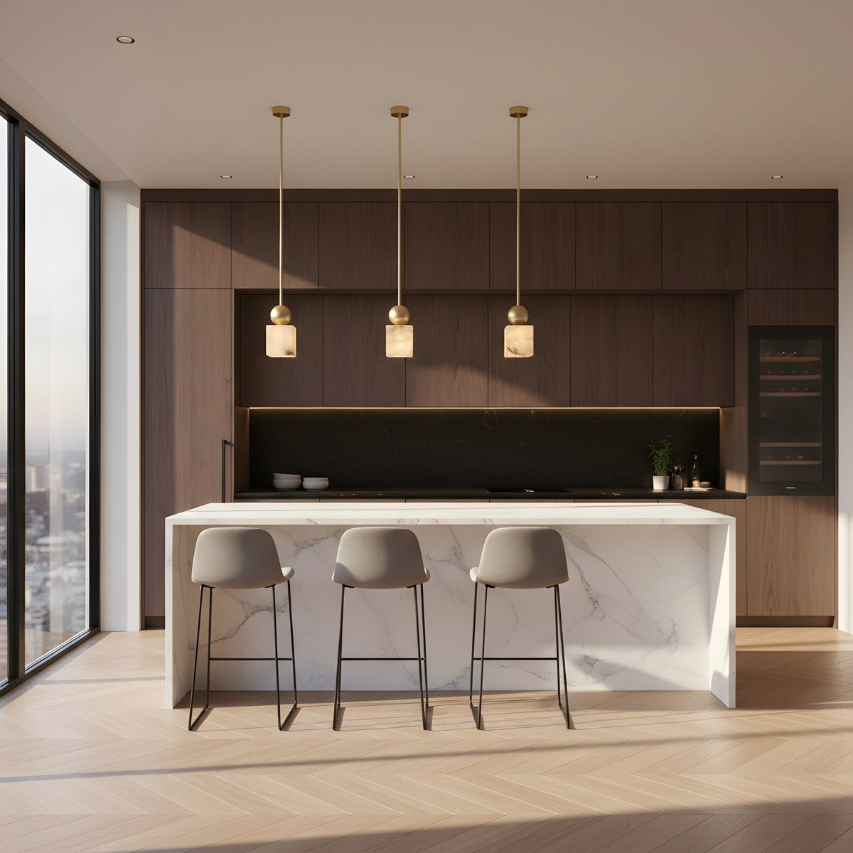 Serano Small Alabaster Pillar Pendant Light - Brass
