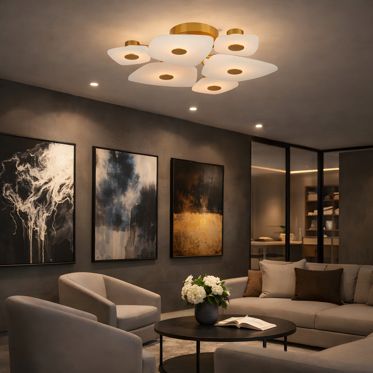 Calyra LED Small Alabaster Semi-Flush Ceiling Light - Brushed Brass