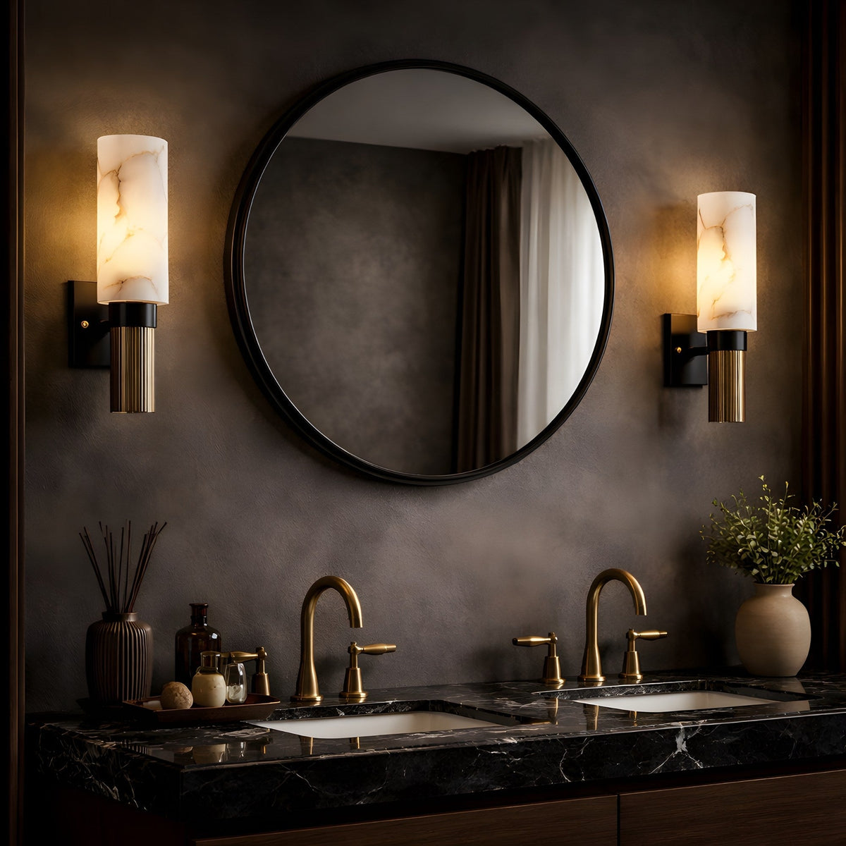 Marvello 1 Light Cylinder Alabaster Wall Light - Matte Black