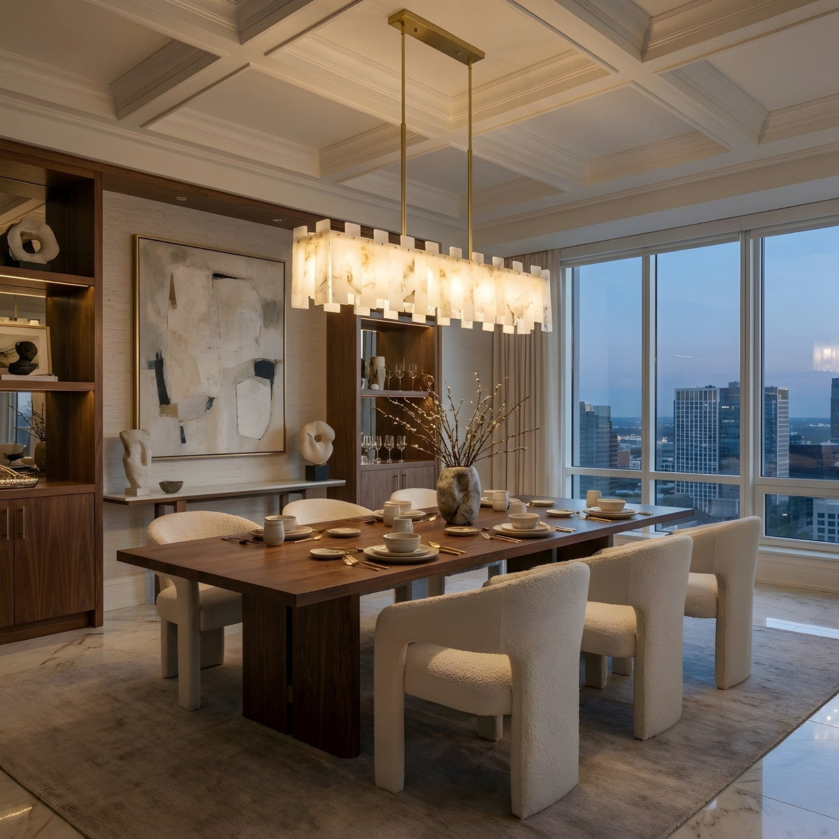Lunaro Linear Panel Alabaster Chandelier - Brushed Brass
