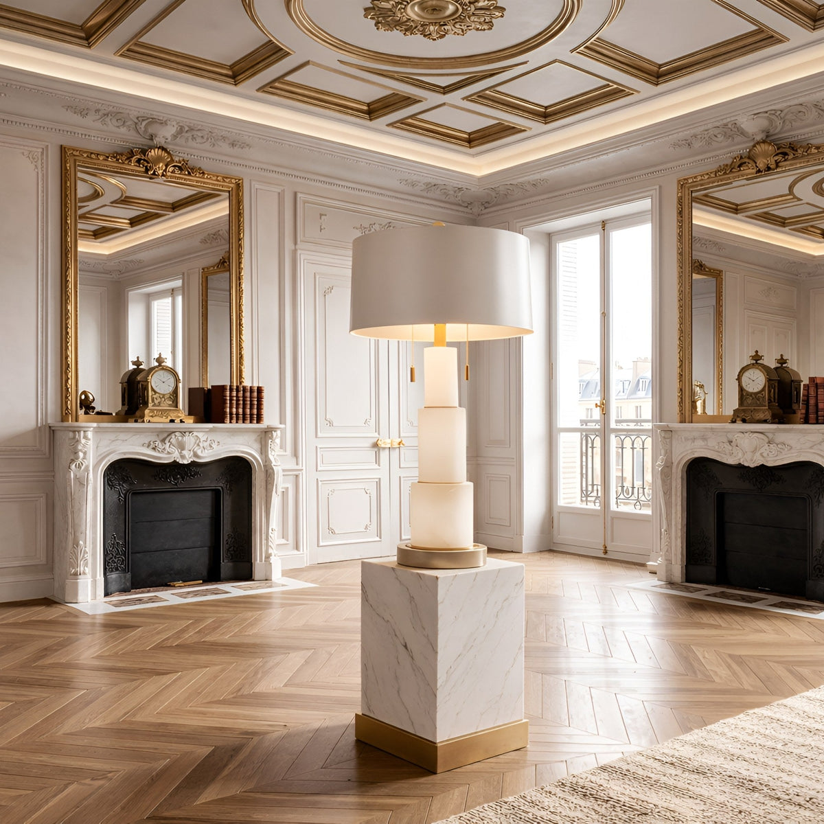 Eloria Stacked Alabaster Table Lamp, Brushed Brass, Soft White Shade