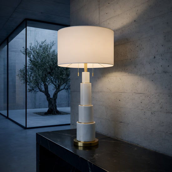 Eloria Stacked Alabaster Table Lamp, Brushed Brass, Soft White Shade