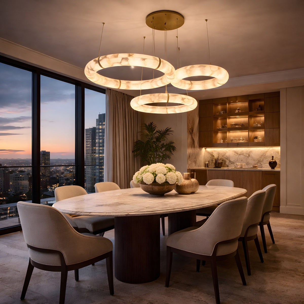 Aureon LED Triple Ring Alabaster Chandelier - Brushed Brass