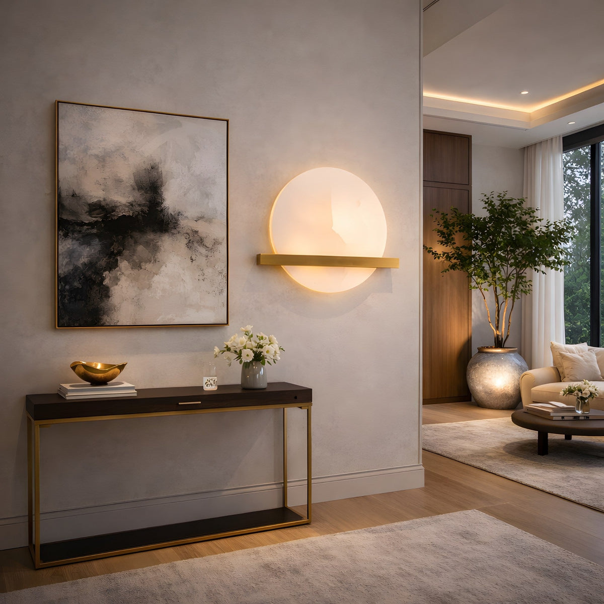 Caldris LED Circular Alabaster Wall Light - Brushed Brass