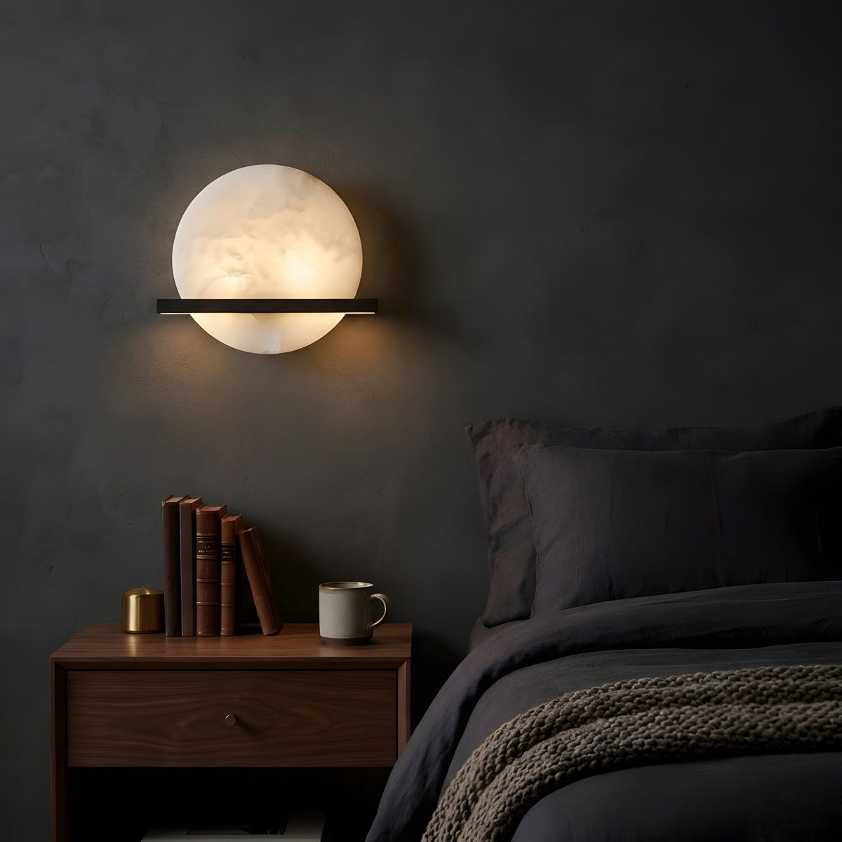 Caldris LED Circular Alabaster Wall Light - Matt Black