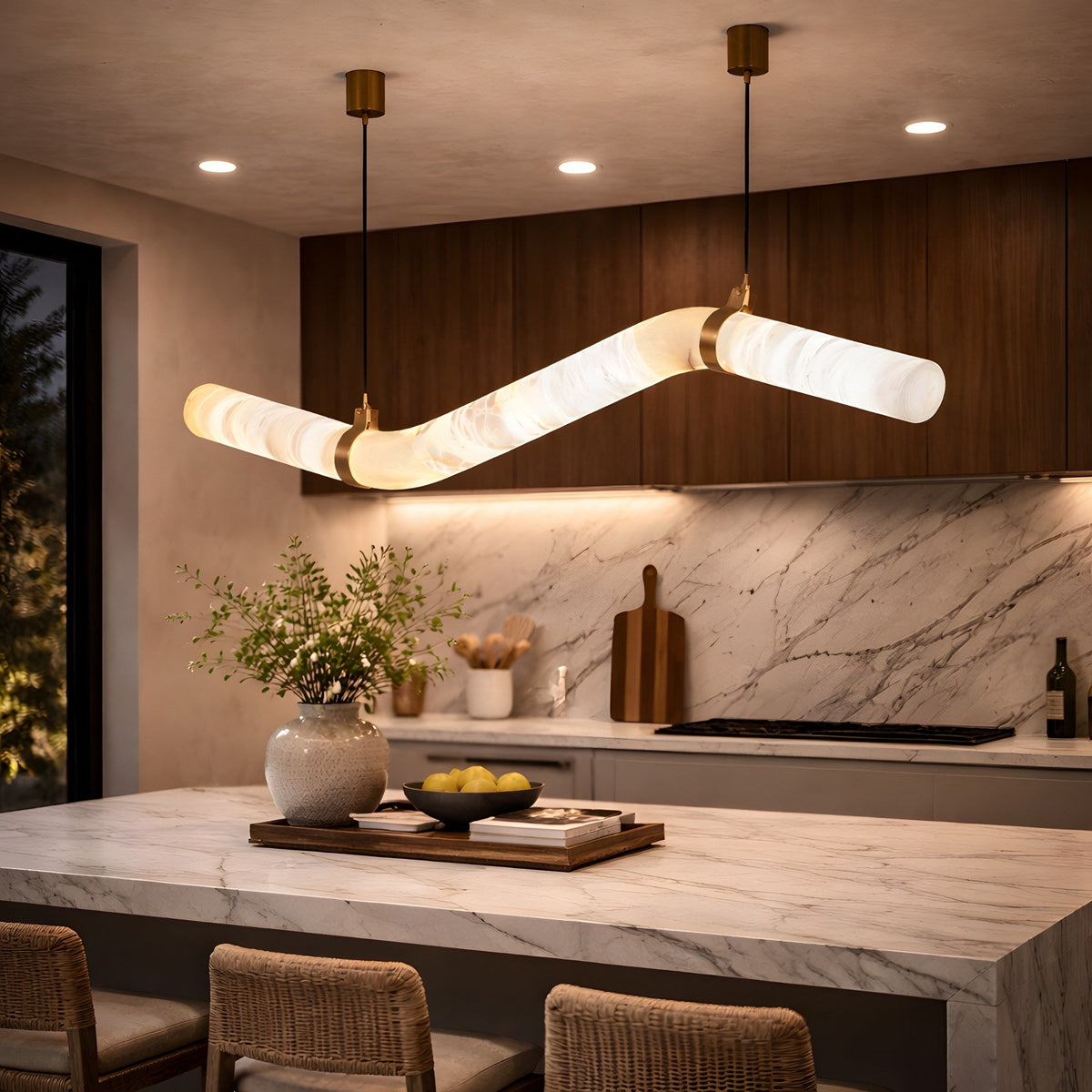 Zareon LED Small Stepped Alabaster Chandelier - Brushed Brass