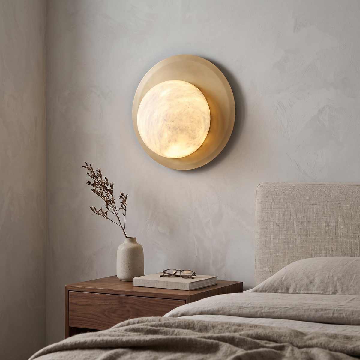 Lunara 1 Light Round Alabaster Wall Light - Brushed Brass