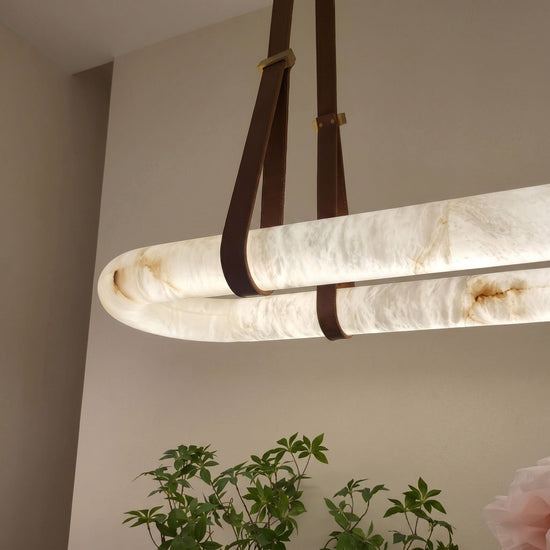 Cintura LED Medium Alabaster Oval Chandelier - Brown Leather & Copper