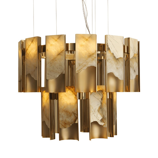 Caelith 20 Light 2 Tier Panel Alabaster Chandelier - Brushed Brass