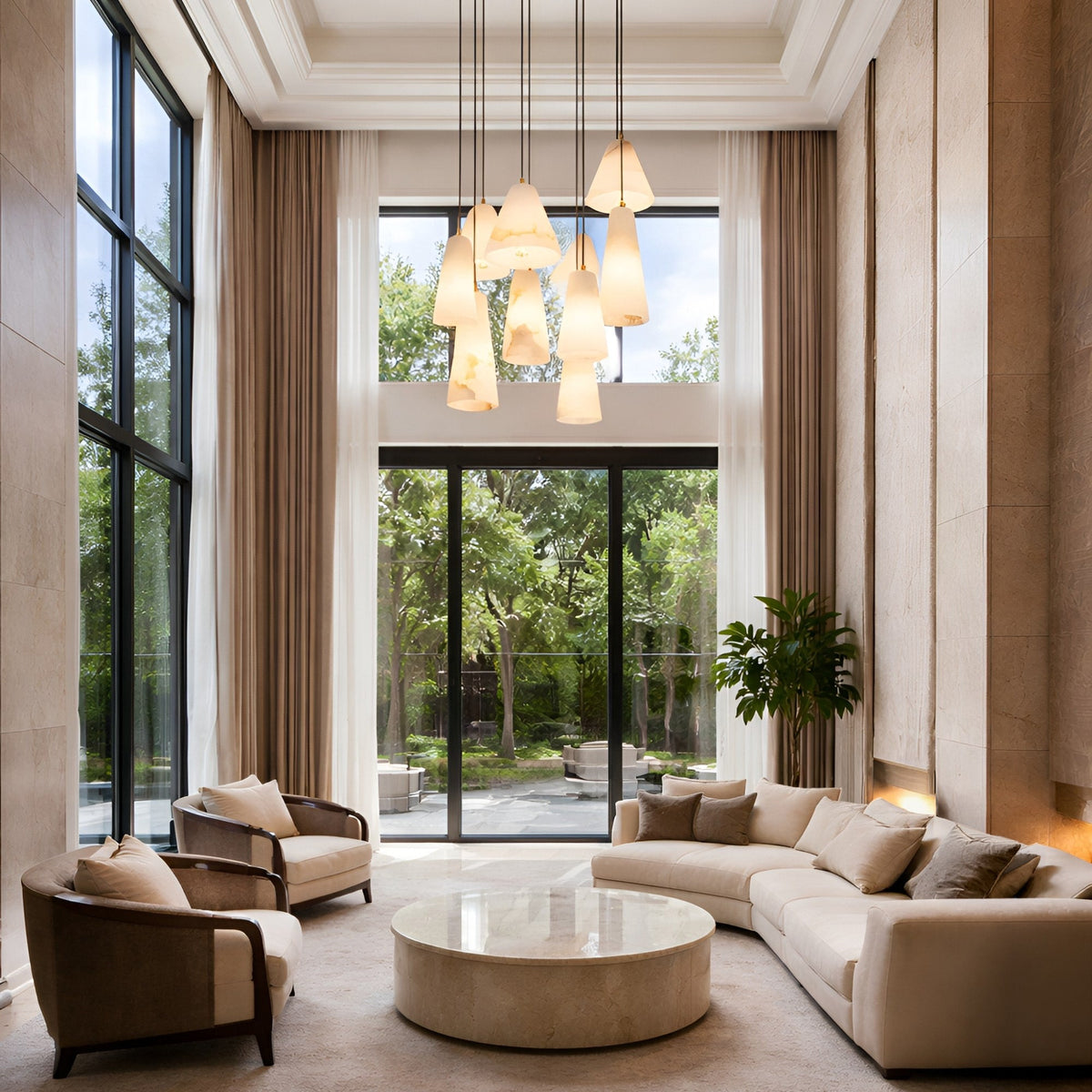 Sorrelis 9 Light Alabaster Chandelier - Soft White & Brushed Brass