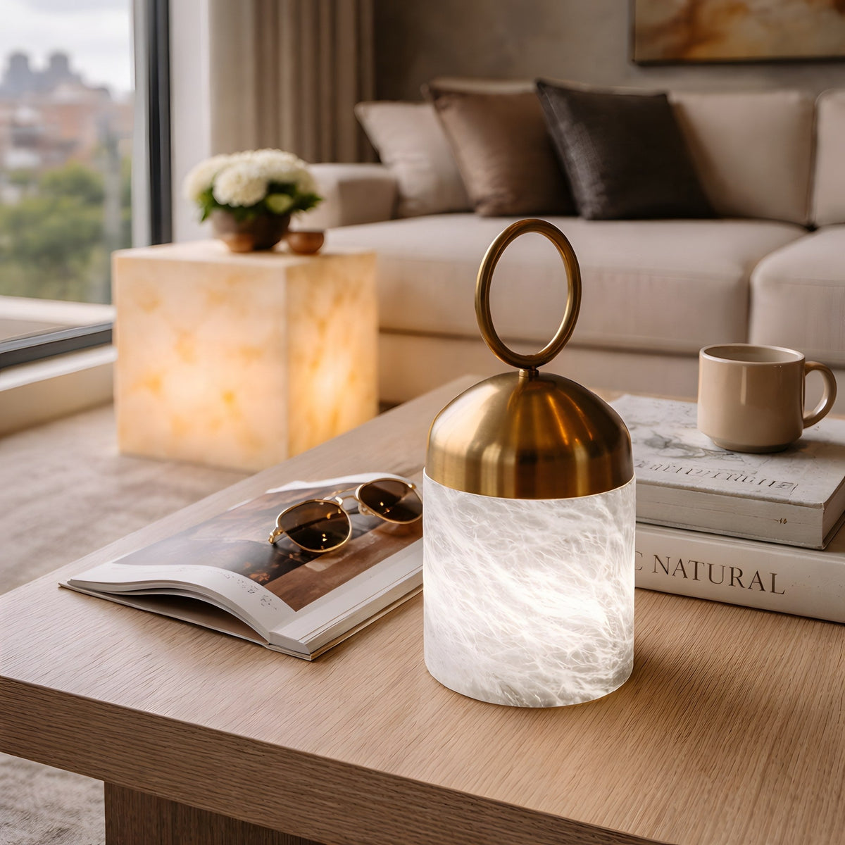 Aurelio LED Ring-Handle Alabaster Table Lamp - Brass & Soft White