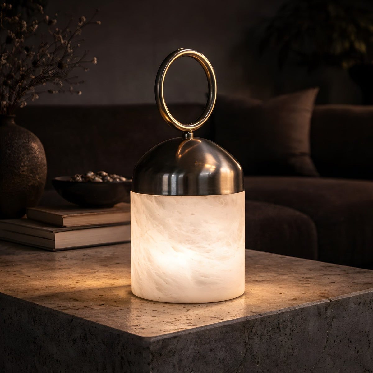 Aurelio LED Ring-Handle Alabaster Table Lamp - Satin Nickel