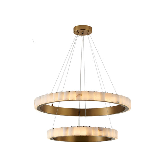 Lucenza LED 2 Tier Halo Ring Alabaster Chandelier - Brushed Brass