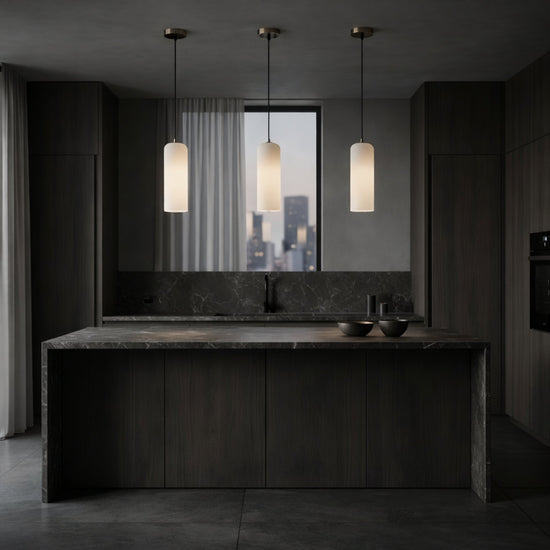 Velmora Slim Cylindrical Alabaster Pendant Light - Soft White & Brass