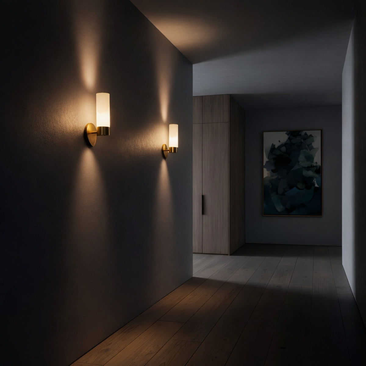 Solique 1 Light Cylinder Alabaster Wall Light - Brass