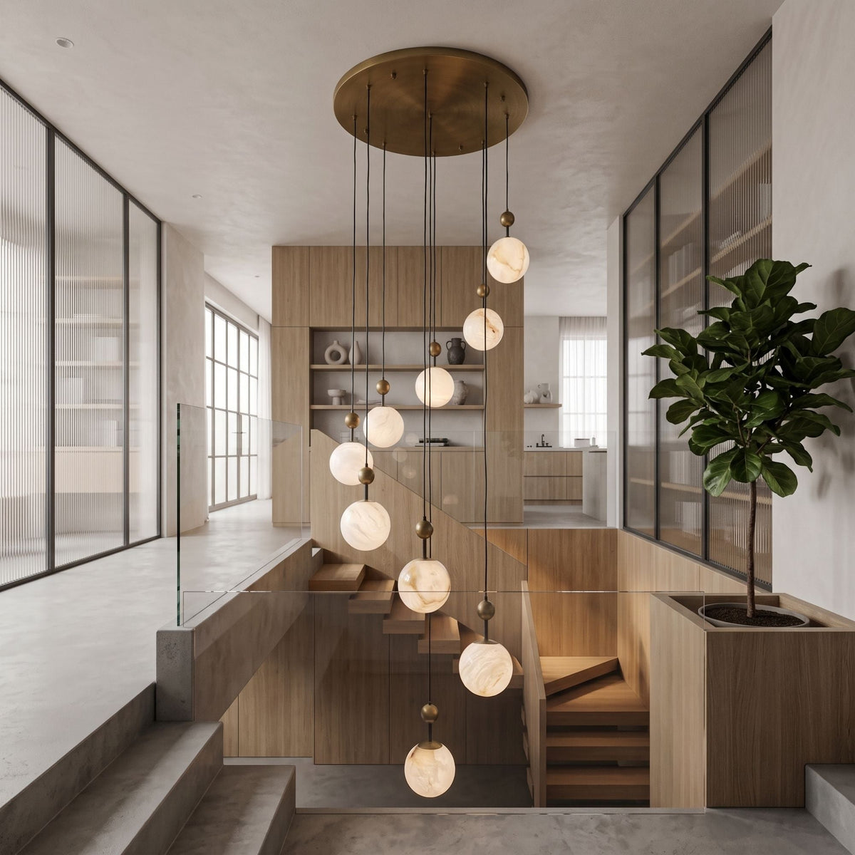Lorixa 9 Light Cascading Alabaster Chandelier - Brushed Bronze